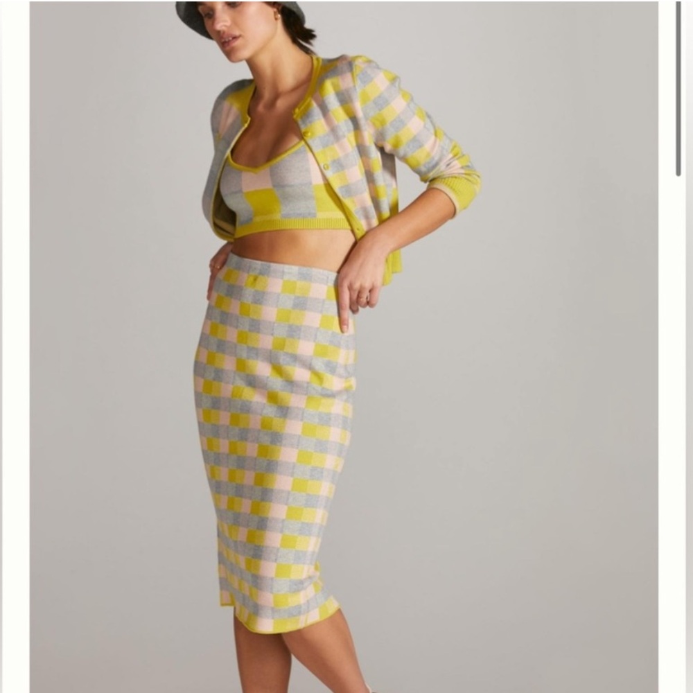 Maeve Anthropologie Yellow, Pink and Gray Checkered Skirt Set